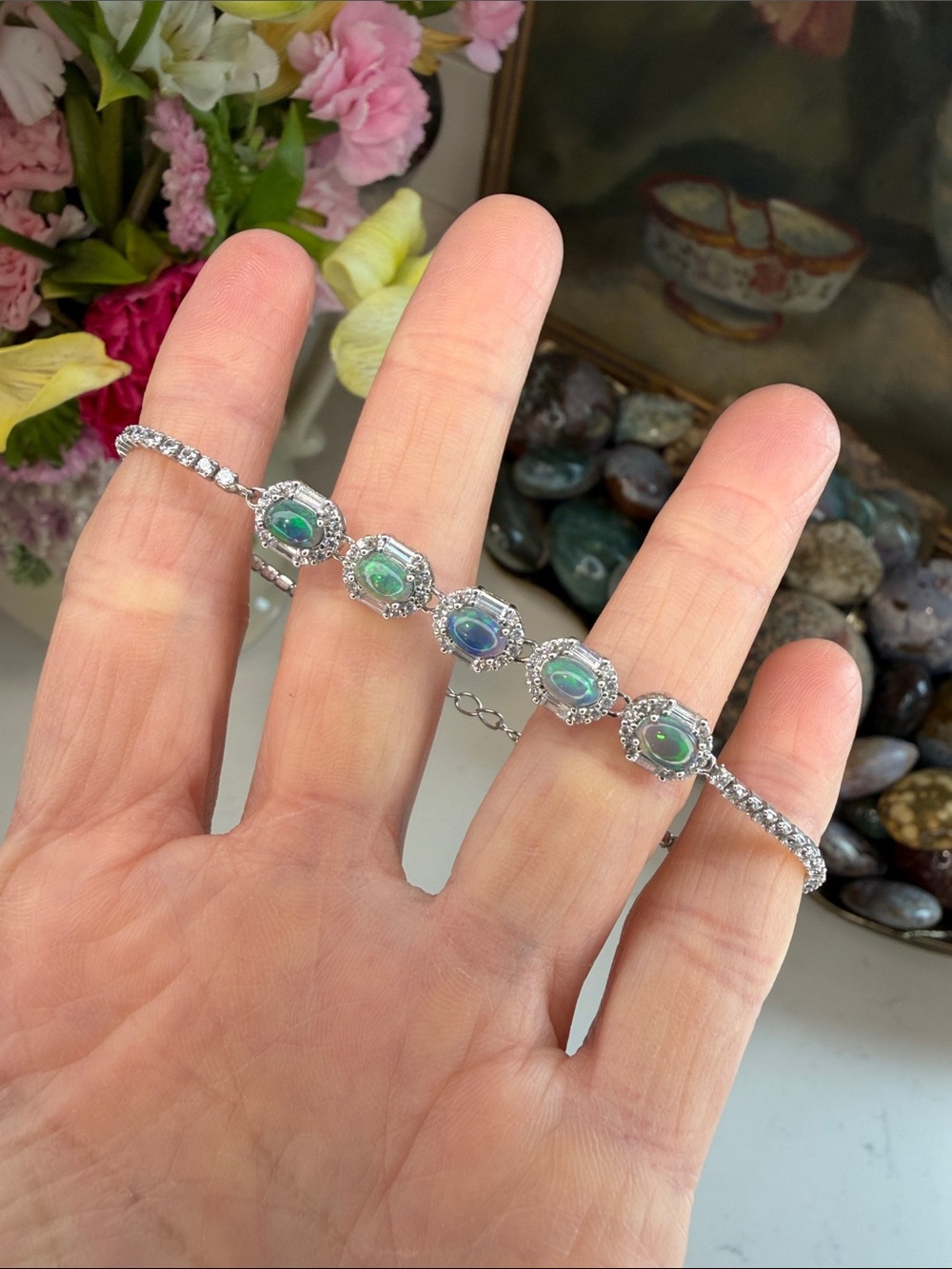 Sterling Silver Opal Halo Bracelet with CZ: B1240